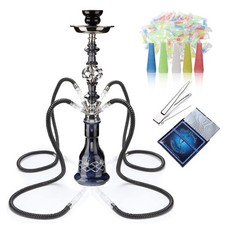 Premium 4 Hose Hookah Set with Glass Vase, Ceramic Bowl, Coal Tongs Ashtray
