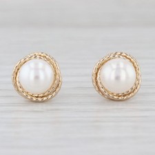 Cultured Pearl Stud Earrings 14k Yellow Gold Solitaire Studs