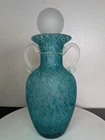 Vintage Murano Mottled Italian Art Glass Sea Blue Double Handle Vase w/Globe Lid