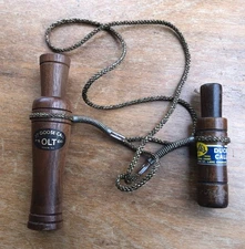 Vintage P.S. Olt Co. 77 Goose Call & Faulk’s WA-11 Duck Call On Lanyard U.S.A.