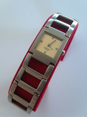 Boccia Square Titanium Golden Cream Dial Hollow Bracelet Ladies Watch