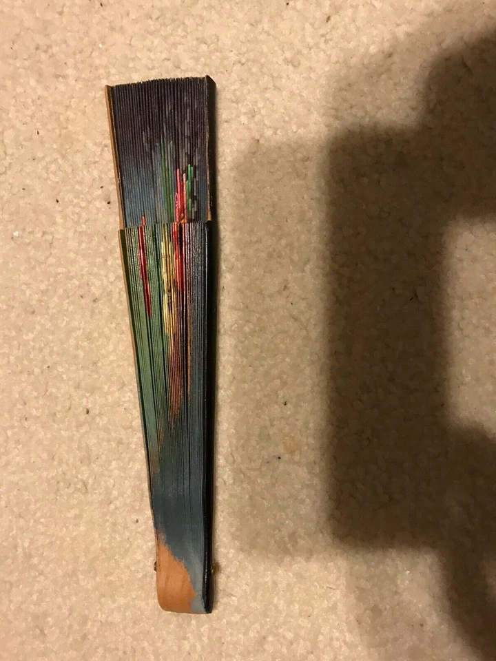 Cool 1920s TULLE Linen Cloth wooden frame HAND FAN d. red & Yellow Flower 9"L - Image 3 of 4