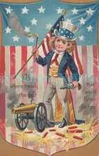 Fourth of July - UNCLE SAM BOY W/ CANNON - Raphael Tuck Patriotic Postcard 4th