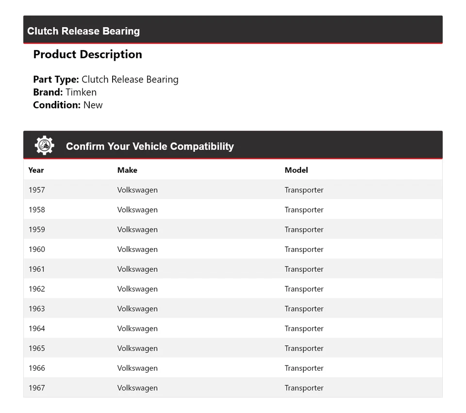 Cojinete de liberación de embrague Timken 1958 1959 para Volkswagen Transporter 1957-1967 Foto 2 de 3
