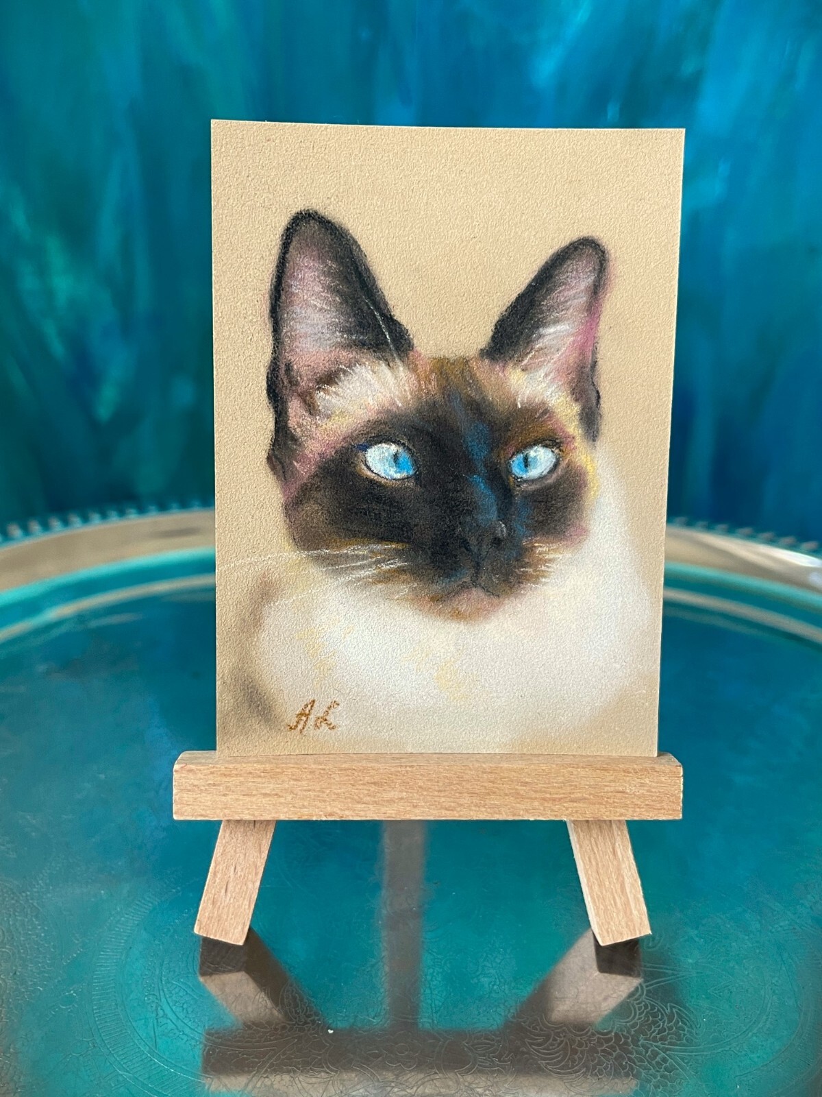 Thai Cat Drawing by Artist, Original Pastel. Aceo Format