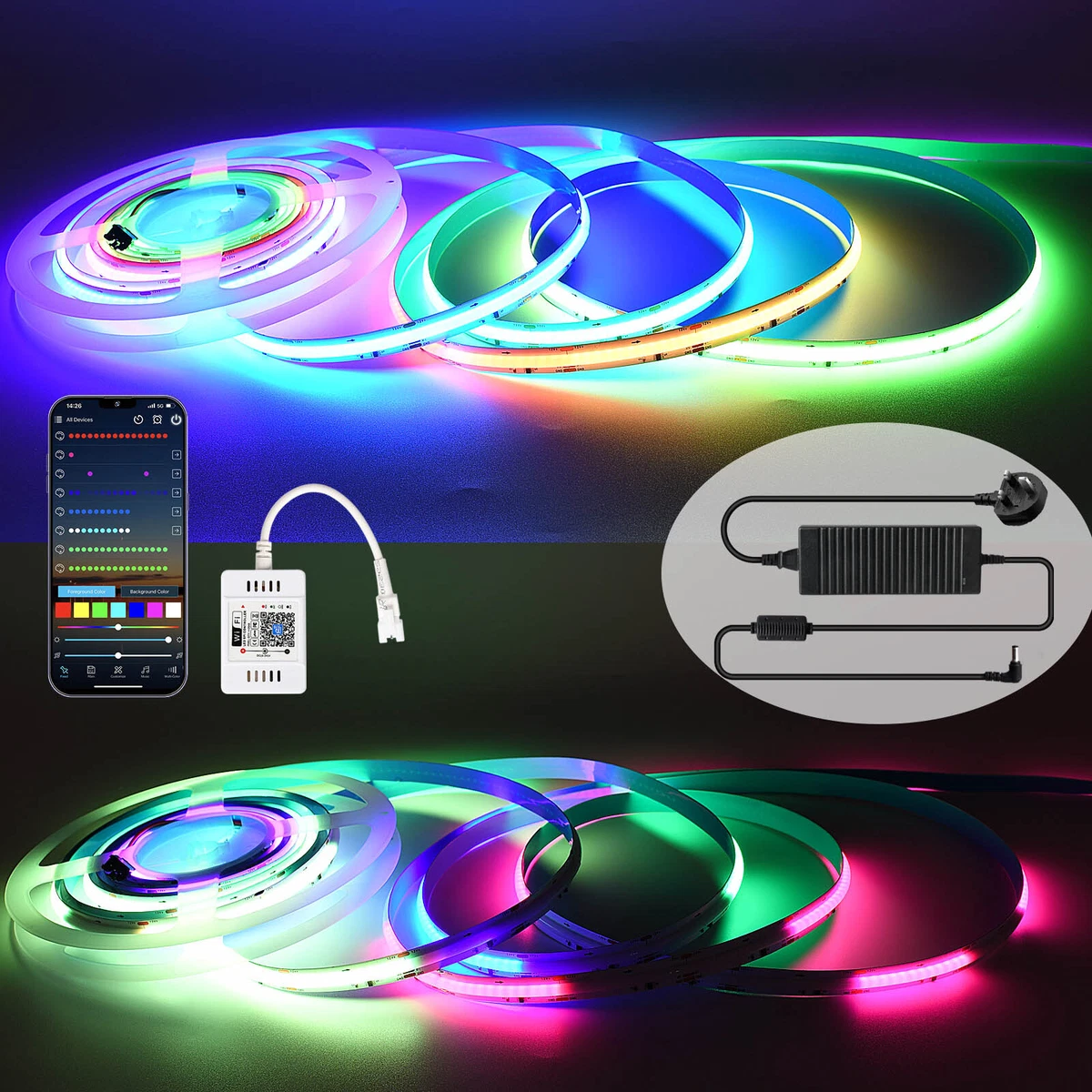 WiFi APP 10M RGBIC COB LED Strip 720LEDs M Dimmable Flexible LED Strip Light Kit