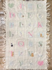 Handmade ABC Animals Baby Blanket Or Wall Tapestry Fringed Cross Stitched 37x22  