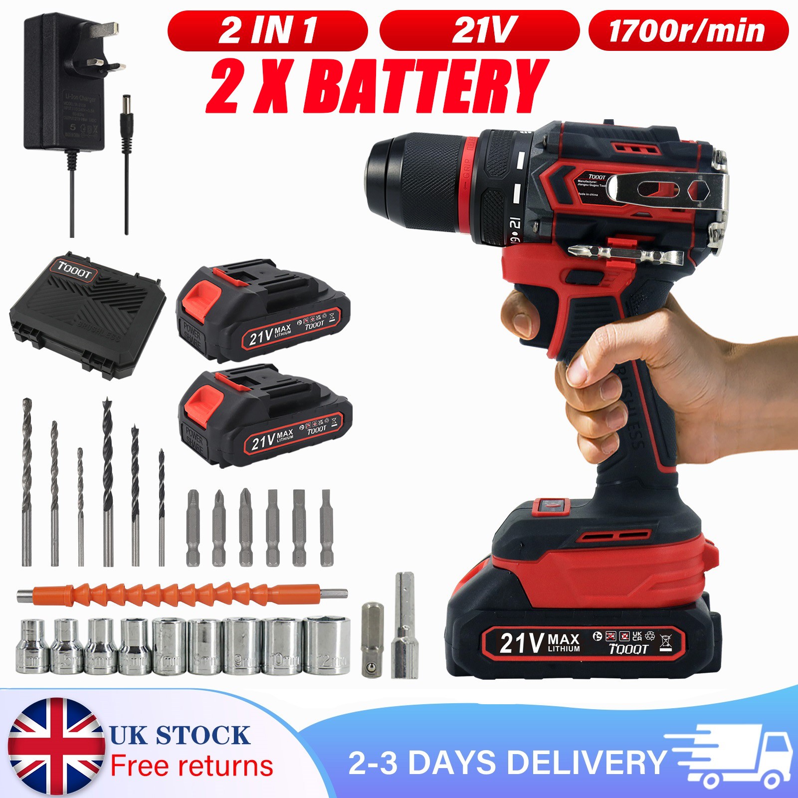 21V Brushless Cordless Combi Drill - Electric Screwdriver Set w/ 2 Battery