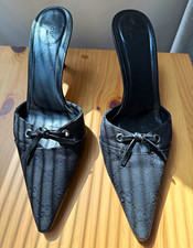 Gucci Black GG Logo Canvas Pointed Toe Mule Heels Slip-On Bow Accents Black 8.5