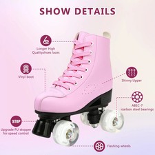 YYW Women's Pink Roller Skates, Double-Row Quad Skates with Flash Wheel Size 5.5