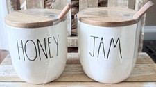 NEW RAE DUNN Magenta HONEY  JAM JARS Canisters Cellars W/Wooden Lid And Dipper