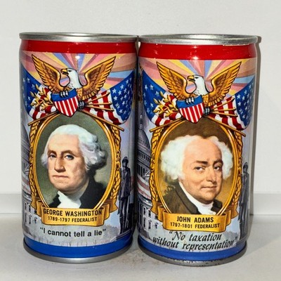 Set of 2 Lucky Bicentennial beer cans, Washington, Adams, bottom opened