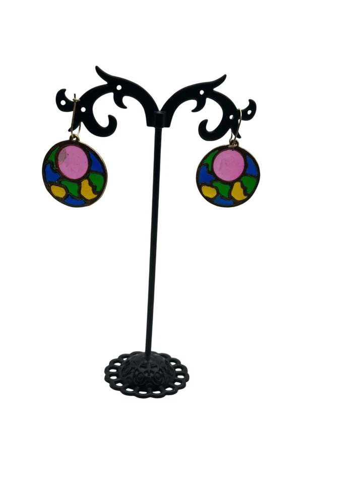 Colorful Stained Glass Circle Drop Earrings Circle Studs Whimsical - Image 2 of 4