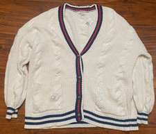 AMERICAN EAGLE White Knit Cardigan Sweater with Navy  Red Stripes SZ M-NWT