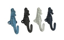 Set of 4 Coastal Cast Iron Seahorse Wall Hooks - Decorative Ocean Hooks for T...