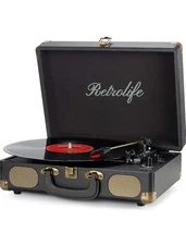 Vinyl Record Player 3-Speed Bluetooth Suitcase Portable Belt-Driven Record Pl...