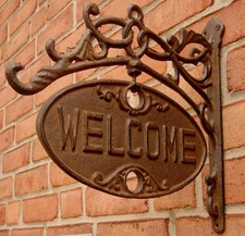 Upper Deck Welcome or Go Away Sign Ornate Cast Iron Front Door Plaque, 13.3"L