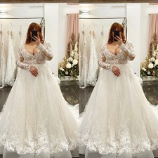 Elegant Wedding Dresses V Neck Long Sleeves Lace A Line Plus Size Bridal Gown