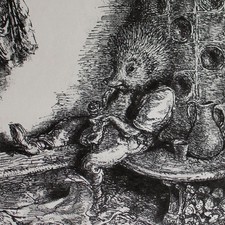 Andreas Paul Weber Igelhausen auf der Ofenbank Griffelkunst Lithografie 1980