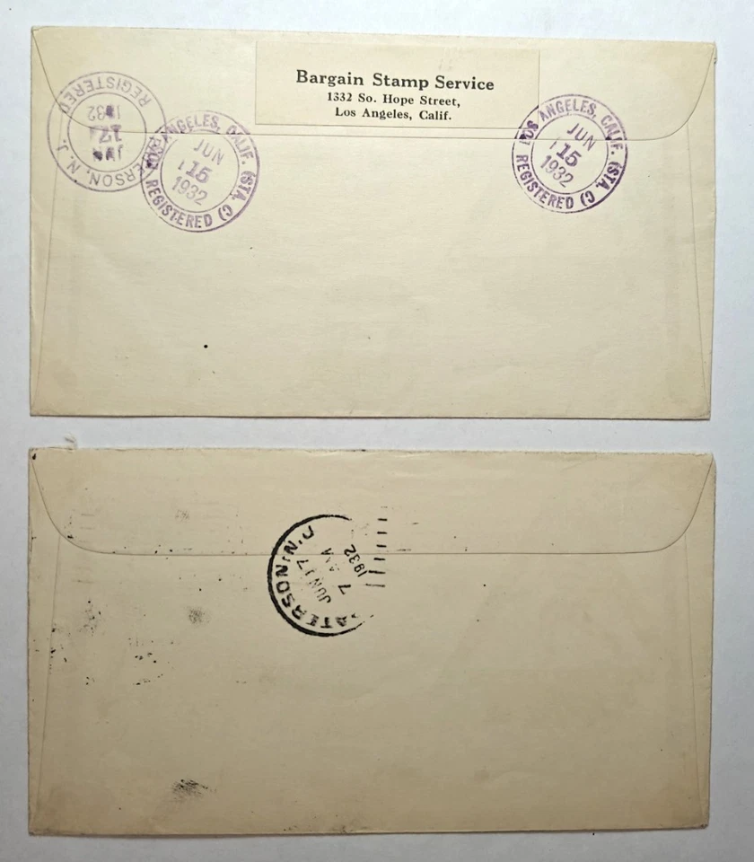 LOT 2 1932 LA Olympics Stoutzenberg Cachet FDC Blocks 6 #718+719 Reg+Spec Del - Image 2 of 2