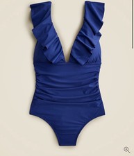 J. Crew Ruched Ruffle Strap V Neck One Piece Swimsuit 12 Navy Blue Classic NWT