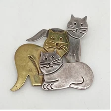 Vintage Mexico 925 Sterling Silver and Brass Three Cats Brooch Pin Jewelry