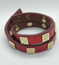 Rustic Cuff Metallic Red Double Wrap Bracelet Gold Tone Logo Leather