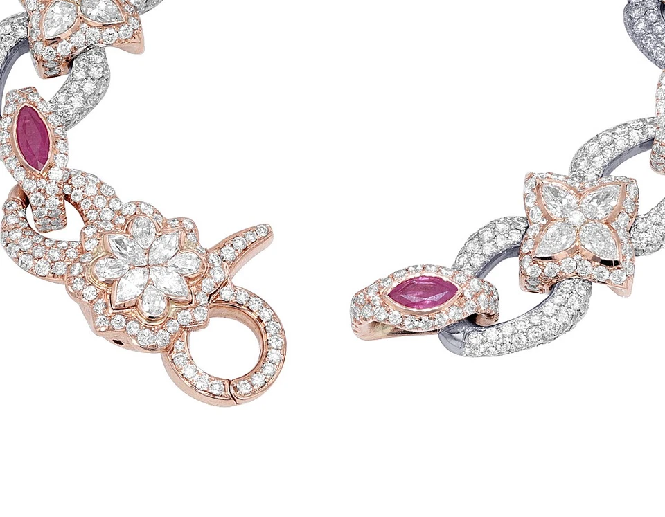 Pear-Marquise 16 1/10 CT Real Diamond 1 4/5 CT Real Ruby Bracelet 16MM 10K Ro... - Image 3 of 4