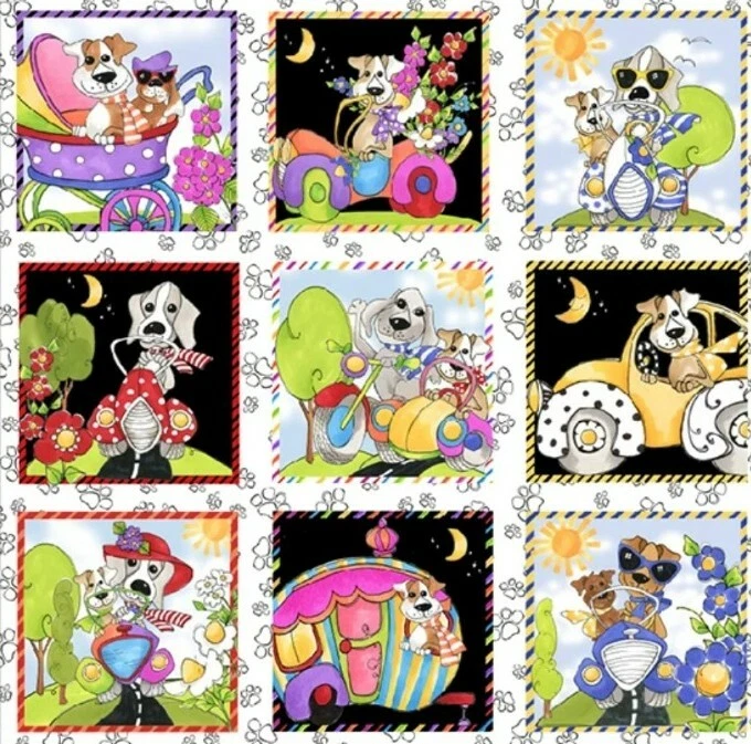 Loralie Designs Go Doggie - Azul cielo - Panel de acolchado y artesanía con autos y perros Foto 3 de 4