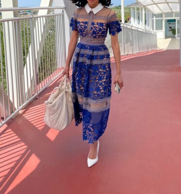 chinese dress ladies Floral Lace Midi Dress with Tailored Collar and Belted Waist - Navy