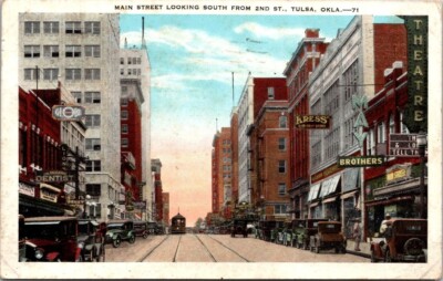 Tulsa OK Main Street Trolley Tracks Theatre Kress Dentist c1920s postcard PQ3
