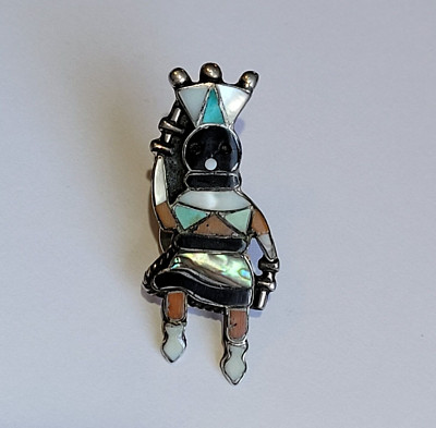 Apache Gaan Crown Dancer Sterling Silver With Inlaid Gemstones Pin Vintage