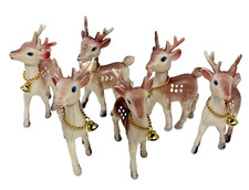 Vintage Lot of 6 1950's Plastic Swivel Heads Reindeer Figurines