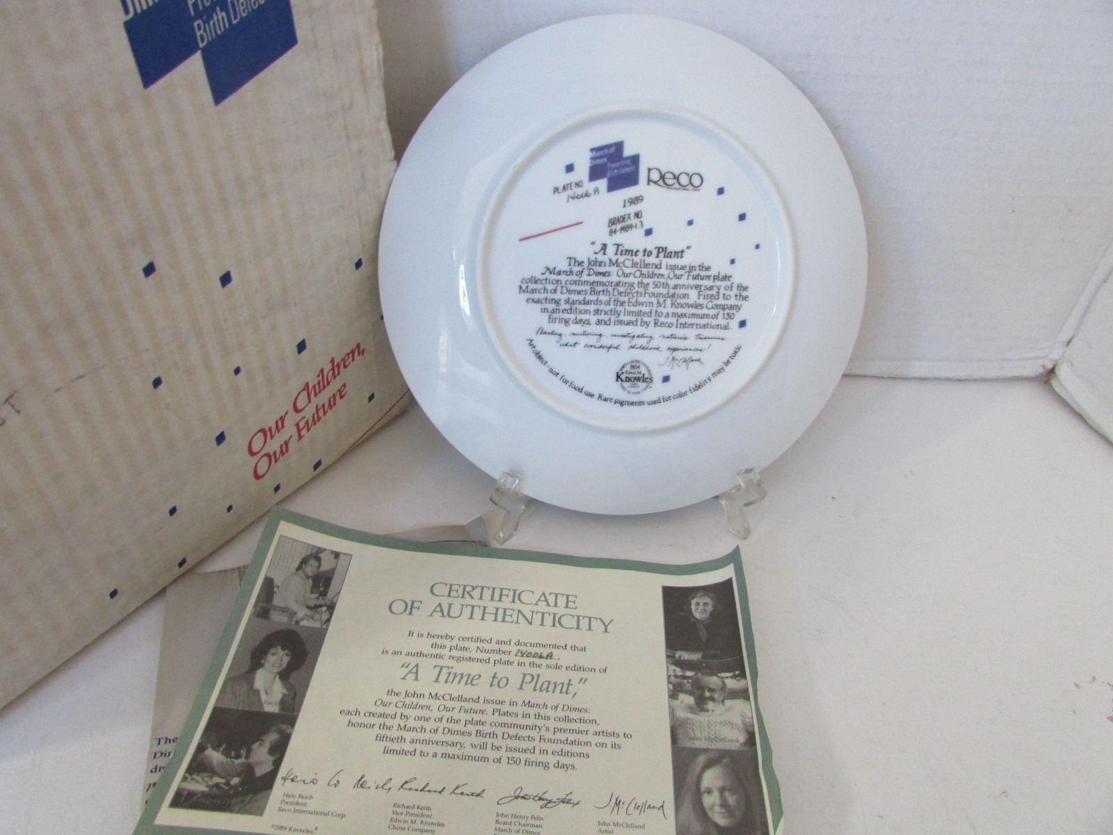 RECO COLLECTOR PLATE A TIME TO PLANT 1989 MARCH OF DIMES 14006A COA BOX