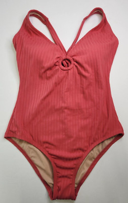 Kona Sol Womens Dusty Pink Ribbed Center Ring Medium Cover 1 Pc Swimsuit L 12-14