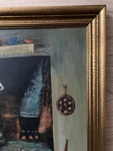 Elderly Woman Cooking by Hearth Signed Martin Olesen '50 - Oil Canvas L67cm H53 - Picture 11 of 14