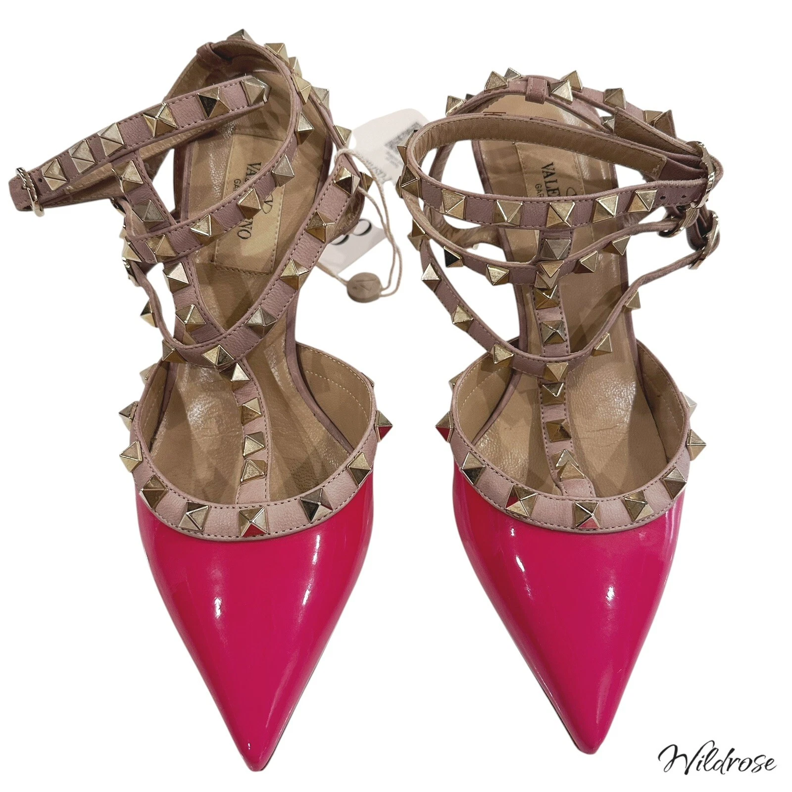 VALENTINO GARAVANI NAPPA VERNICE PELLE ROSA CALDO ROCKSTUD CINTURINO ALLA CAVIGLIA TACCO TG 5