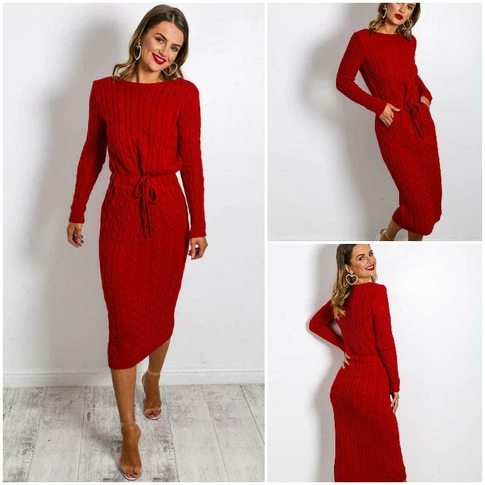 Women's Cable Knitted Jumper Ladies Long Sleeve Tie up Maxi Midi