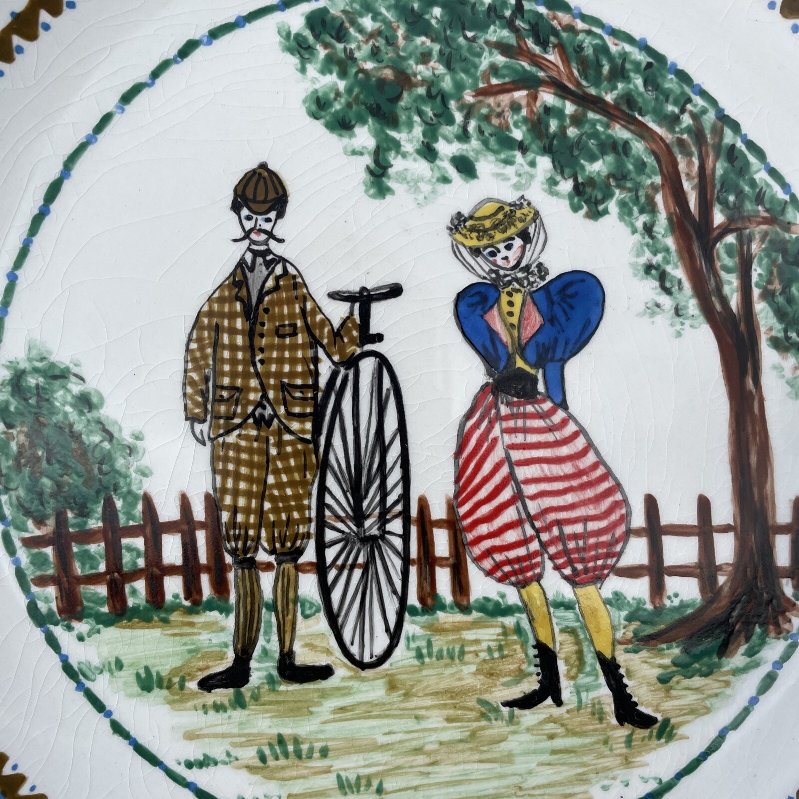 Vintage 1800's Penny Farthing High Wheeler Bicycle Man Woman Plate OOAK❤️blt39j3 (64.00 USD)