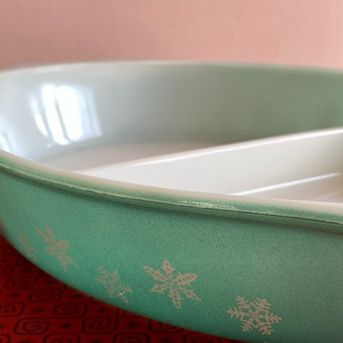 JAJ Pyrex türkis fröhlich Schneeflocke oval geteilte Servierschale MCM C. 50er ohne Deckel - Bild 5 von 6