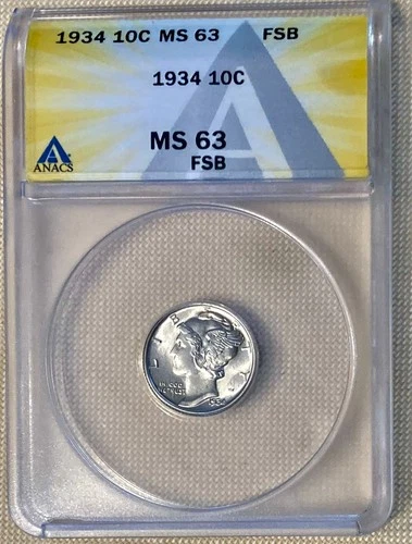 Exceptional Full Band 1934 P Mercury Dime - ANAC MS63 FSB