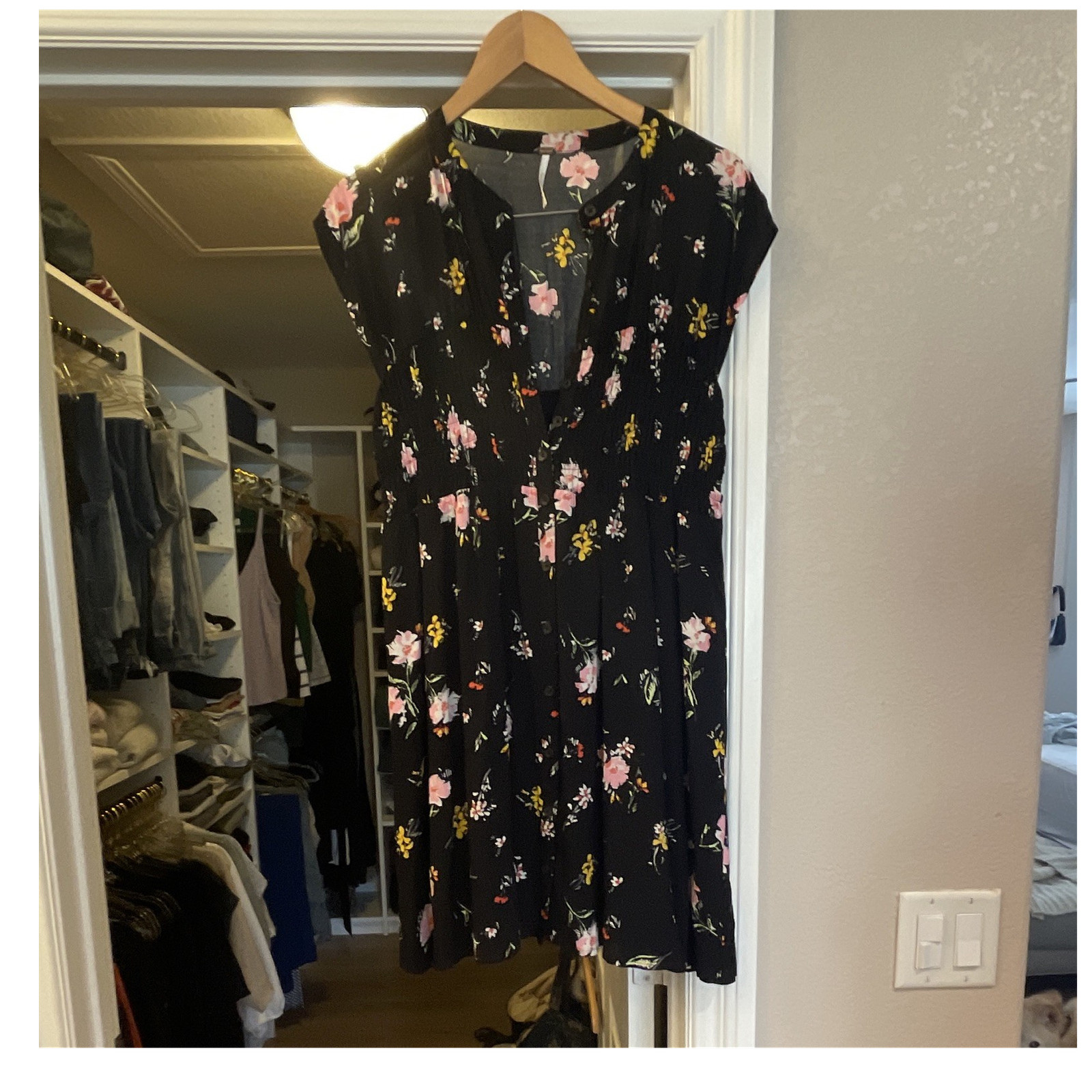 Free People Size M Black Floral Rayon Knee Length Dress Smocked Button V-Neck