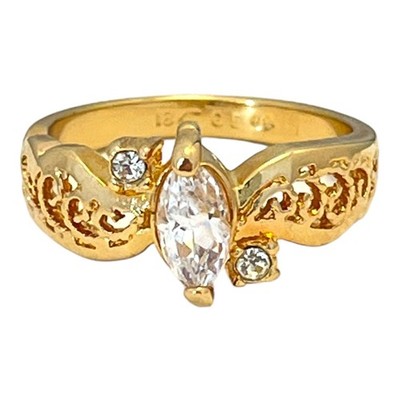 Vintage 1970s Vargas Marquise CZ Ring 18KT Gold Plate Filigree Size 7 - 5T