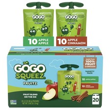 GoGo SqueeZ Applesauce Fruit Puree Variety Pack Apple Cinnamon 3.2oz 20ct