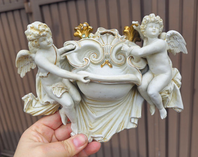 Antique French bisque porcelain angels wall holy water font religious art
