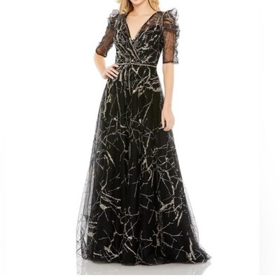 Mac Duggal Black Embellished Gathered Puff Sleeve Faux Wrap Gown 20428 Sz 8