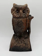 Vintage Antique Cast Iron Painted Coin Bank Owl w/Turning Head In Working Cond.