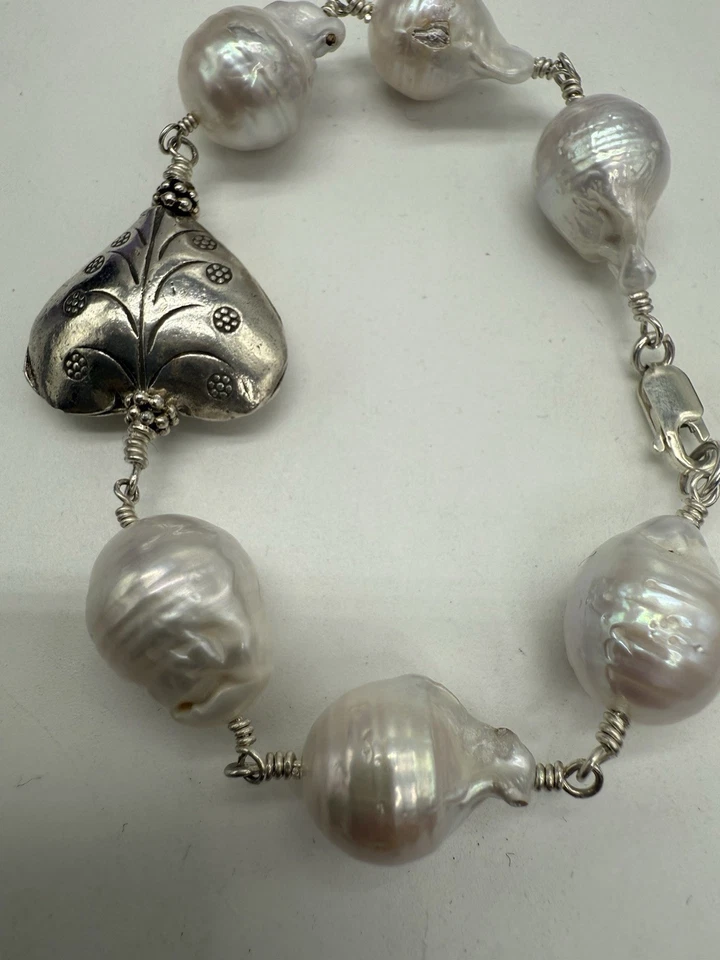 Pulsera de plata de ley 925 corazón y perlas barrocas talla 8 hecha a mano 25,28 g ☼ Foto 4 de 4
