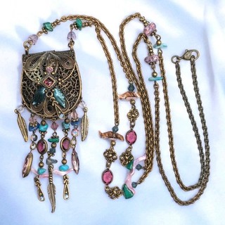 SWEET ROMANCE Signed Opening Purse Pendant Beaded Dangle Long Necklace ⚠️Wear