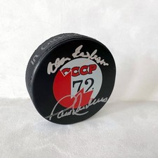 Paul Henderson & Alan Eagleson Dual Signed 1972 Summit Series Puck With AJ COA